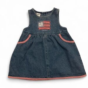 OshKosh B'gosh vintage blue denim dress red gingham trim and American flag patch